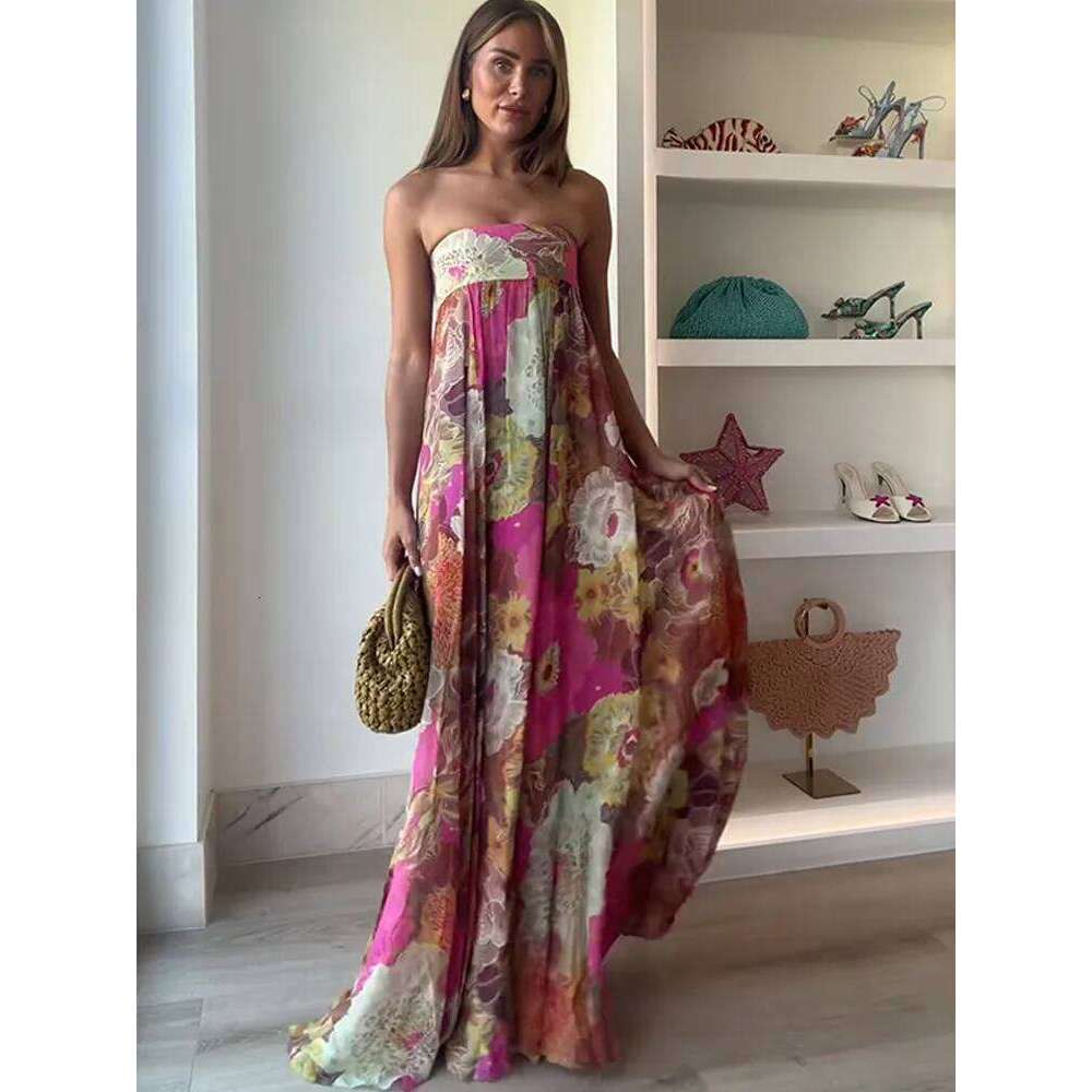 Pleated Printed Strapless Maxi Dress Women Elegant Sleeveless High Waist Loose Street Gowns 2025 Summer Vacation Party Vestidos