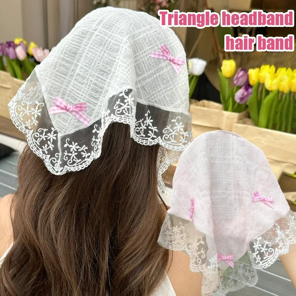 INS Lace Bow Hair Scarf Women Korean Triangle Hair Band Travel Po Headband Sunscreen Headscarf Girls Linen Cotton Neckerchief 250610