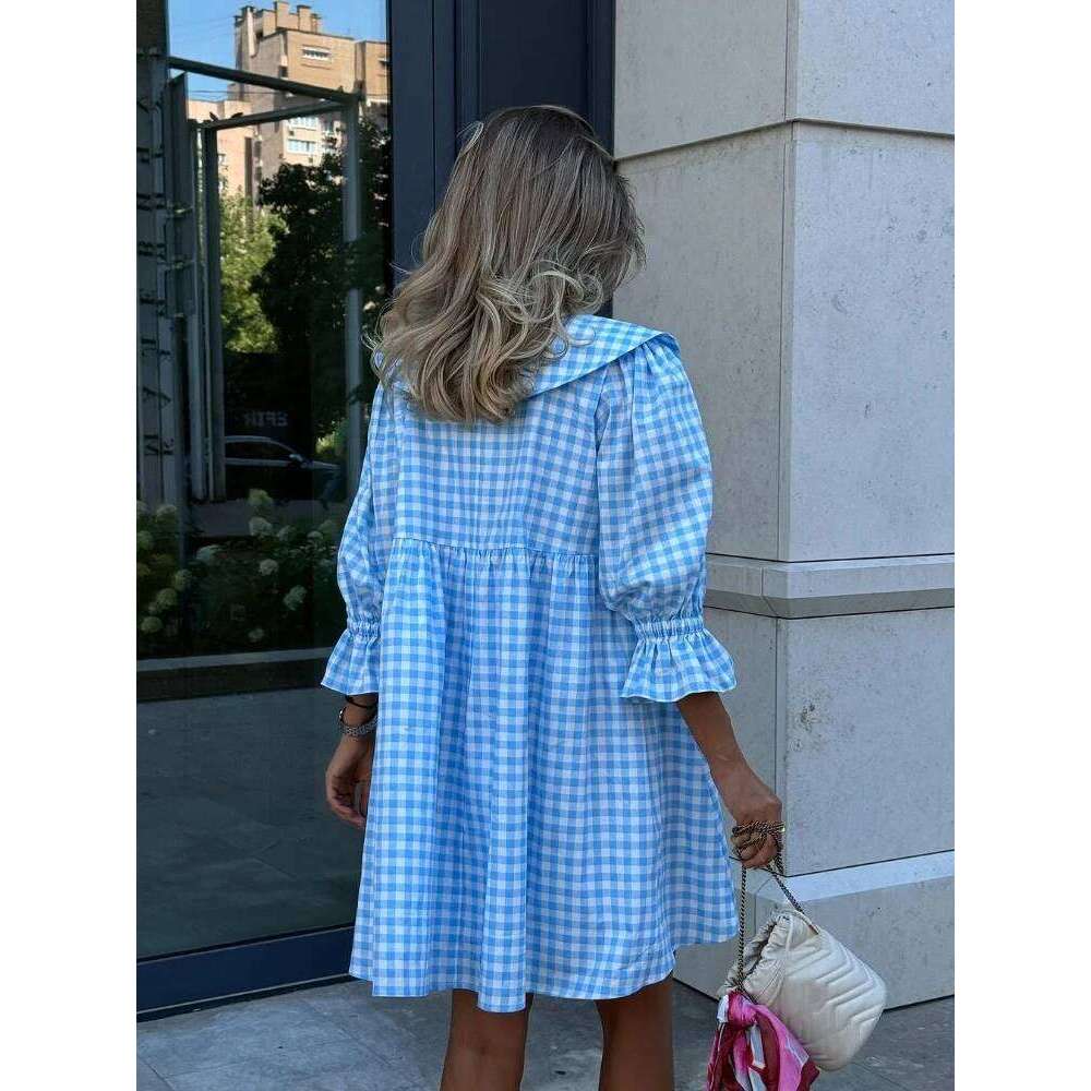 Blue Plaid Women Casual Mini A-line Dress Loose Lapel Half Sleeve High Waist Dresses 2025 Summer Lady Beach Holiday Streetwear