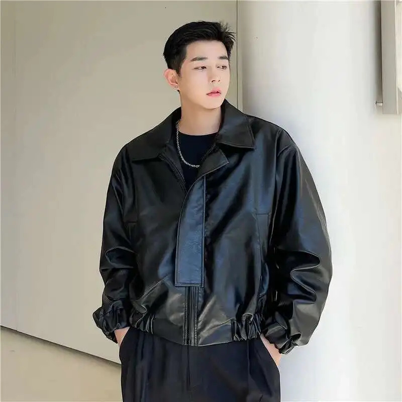 IEFB Mens Fashion Chic PU Leather Jacket Loose Lapel Zipper Long Sleeve Black Oversize Short Coat Spring Autumn 9D0643 250611