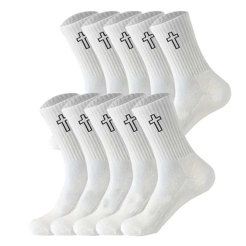 5/10 Pairs Mens High-Cut Solid Sports Socks Breathable Unisex Mid-Calf Casual Socks Black/White Cross Couple Socks All-Season Z250610