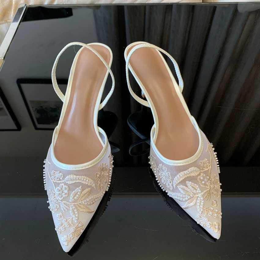 Brand Designer White Women Pumps Mesh Embroidered Flowers Back Strap Sexy Slingback High Heels Dress Wedding Shoes for Ladies XJ250610
