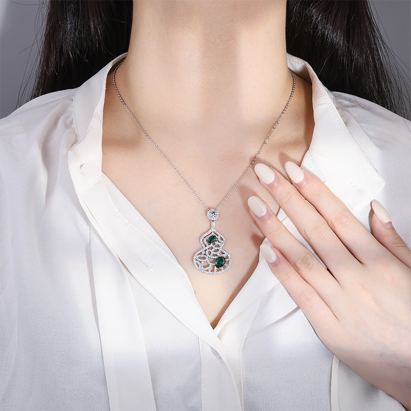 S925 Silver Faux Colored Gemstone Full Diamond Gourd Hollow Pendant Necklace, 6x8mm Main Stone, Exquisite Fashion Luxury Design, Perfect for Any Occas
