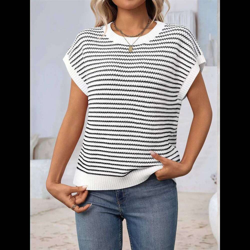 Women'S Sweater Vest Striped Pullover Tank Top Round Neck Cap Sleeve Lightweight 2025 Summer Casual Clothes