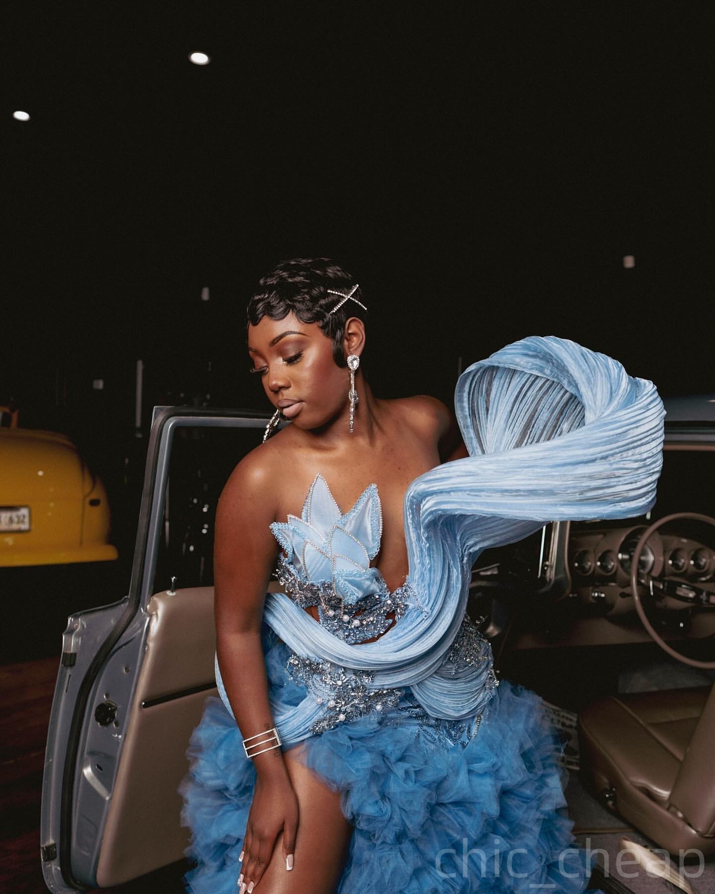 Blue Mermaid Prom Dresses 2025 Appliques Beaded Tiers High Split Evening Formal Party Second Birthday Engagement Gowns Plus Size Dress For Special Occ