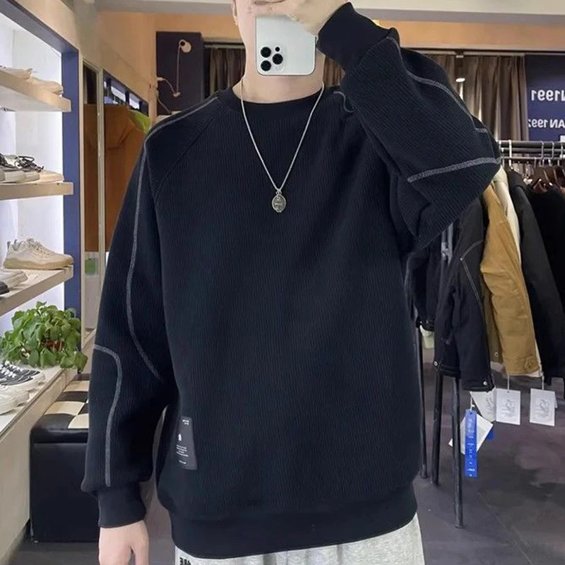 Men Trendy Appliques Simple Casual All Match Sweatshirt Streetwear Y2K Cotton Loose Hoodie Round Neck Long Sleeve Pullover Tops 250611