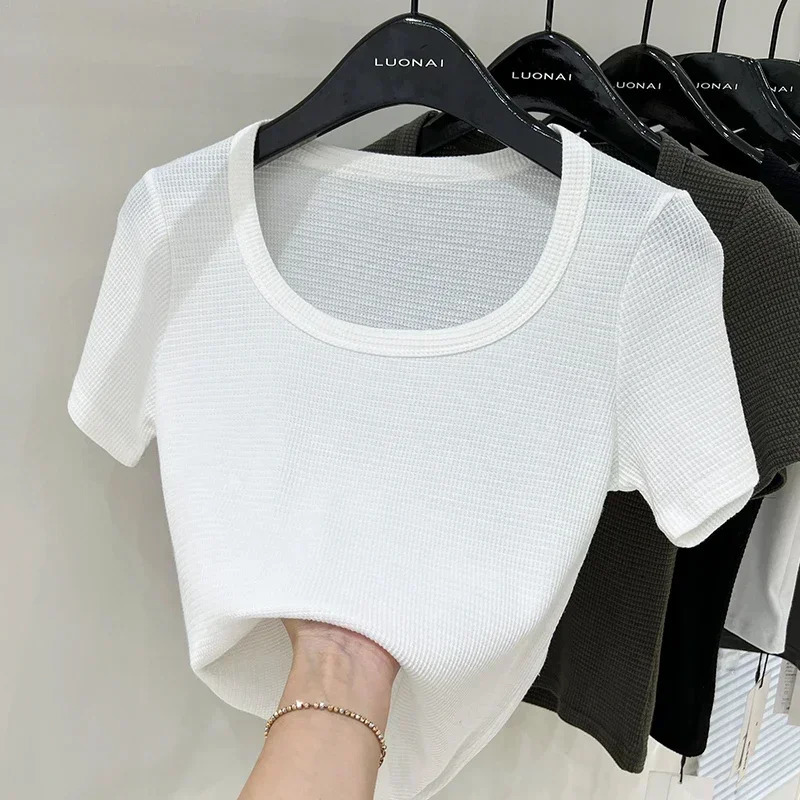 Basic Solid Top Short Sleeve Crewneck Skinny Tshirt Summer Casual Tee For Women Y2k Vintage Harajuku Streetwear 250610