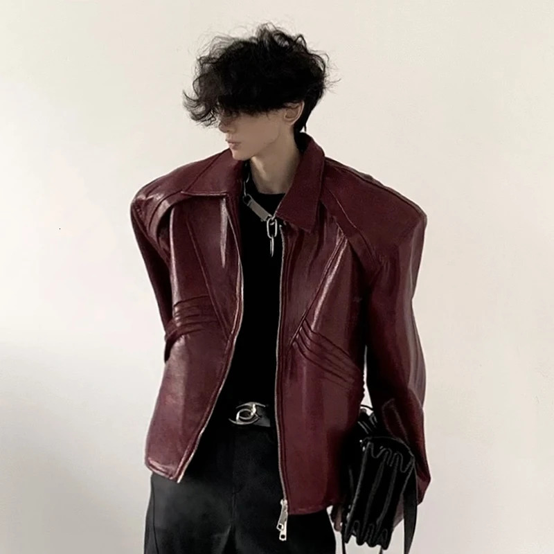 FEWQ High Street Mens PU Leather Coats Lapel Solid Color Pleated Shoulder Pads Menswear Loose Male Jackets 24K3041 250611