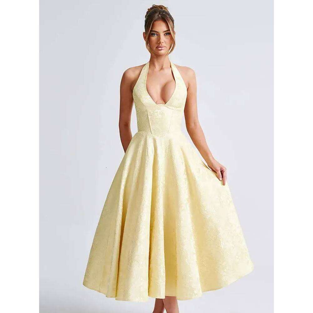 Butter Yellow Corset Backless Maxi Dress Women's Elegant V Neck Halter High Waist Robes Lady Summer Evening Party Gvestidos 2025