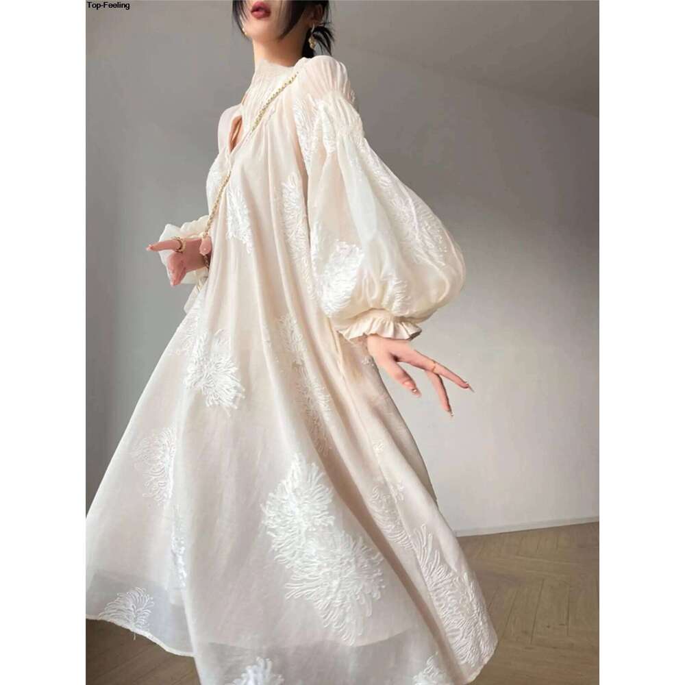 France Elegant Lantern Sleeve Embroidery Midi Dress for Women Spring Autumn New V Neck Lace Up Vestidos Korean Vintage Clothes