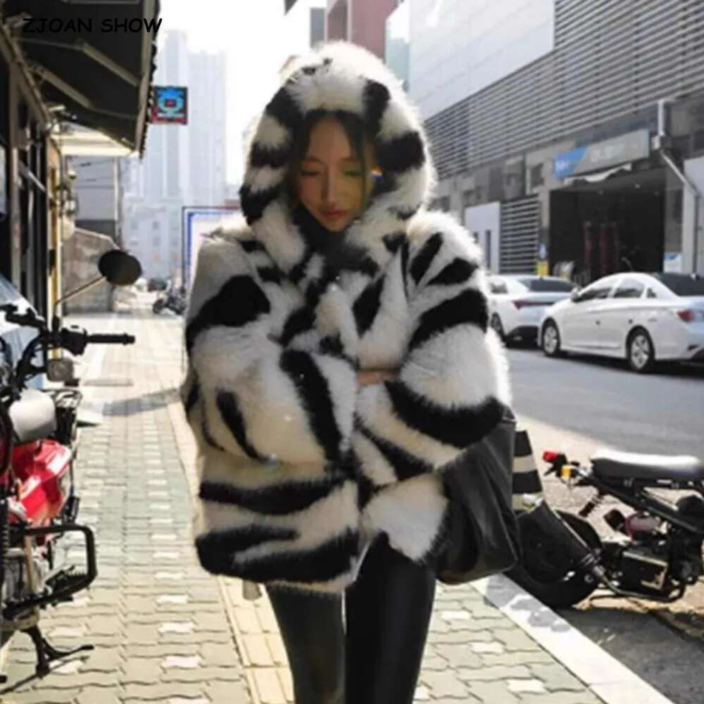 Oversized Winter Warm Hooded Large size Black White Zebra Faux Fur Coat CHILL Full sleeve Women Short Shaggy Outerwear