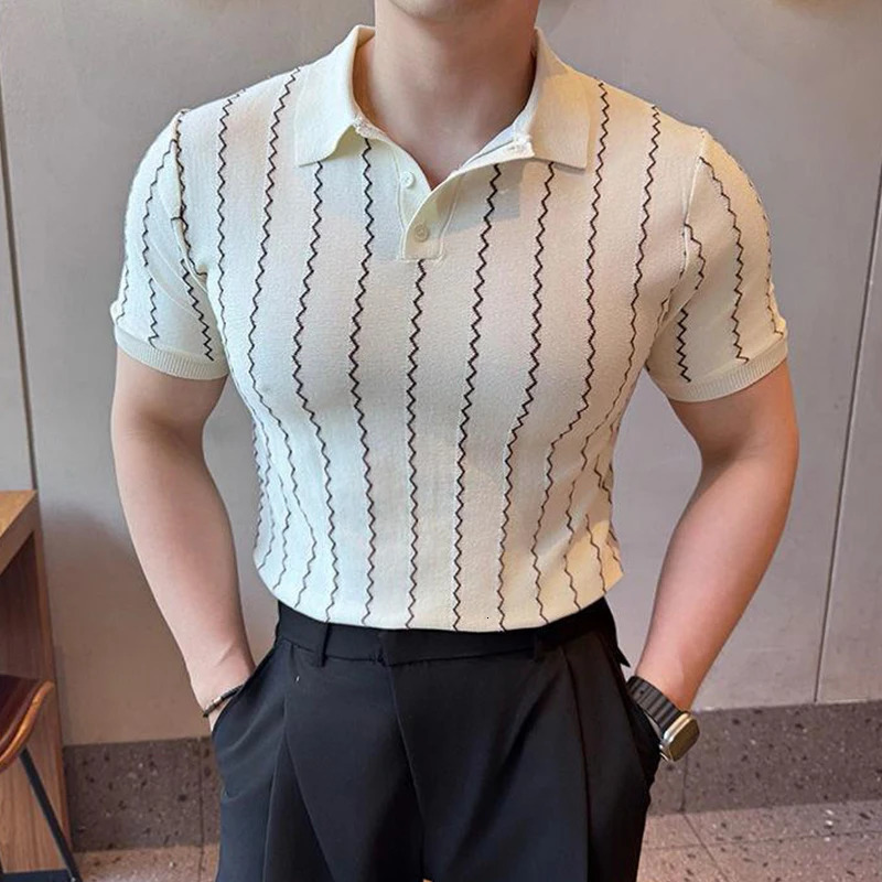 Spring Summer Casual Mens Polo Shirt Vintage Striped Crochet Buttoned Neck Knit Tops Men Fashion Slim Fit Polos 250610