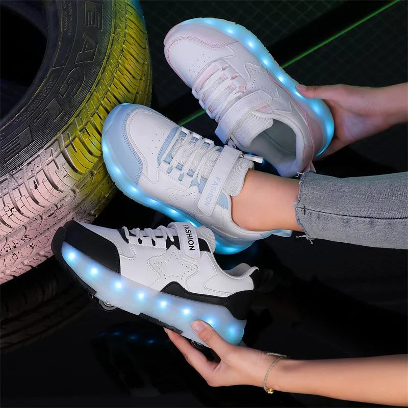 Kid Led Sneakers USB Charging Luminous Outdoor Sport Roller Skates Children Four Wheels Boys Girls Casual Shoes Glowing 250611 XJ260303