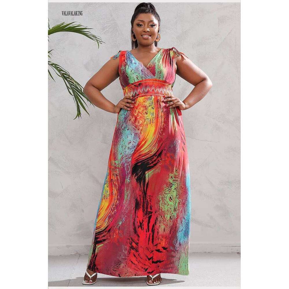 2025 Sexy Sleeveless Plus Size Women For Summer Flower Print V-neck Long Ladies Elegant Large Backless Holiday Dress