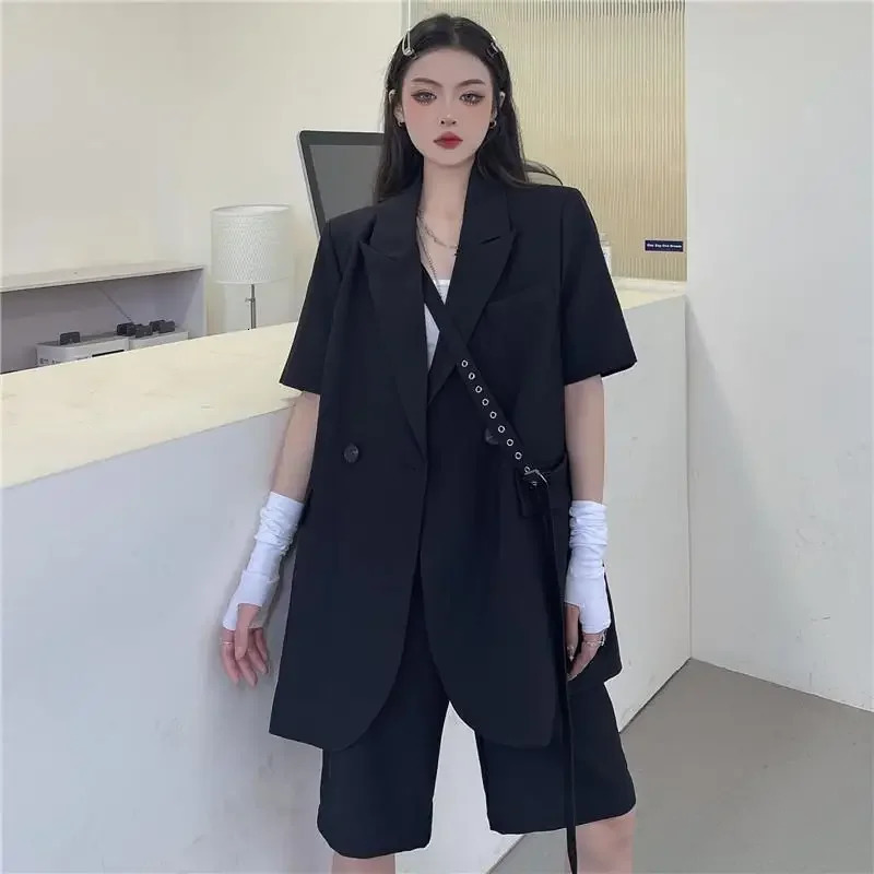 Summer Fashion Two Piece Suit Women Loose Short Sleeve Blazers Casual High Waist Shorts Woman Sets 250610