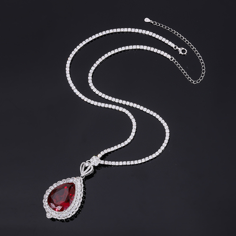 S925 Silver Faux Pigeon Blood Ruby Large Water-Drop Pendant Necklace, 18x25mm Luxury Design, Exquisite Luxury Women's Jewelry