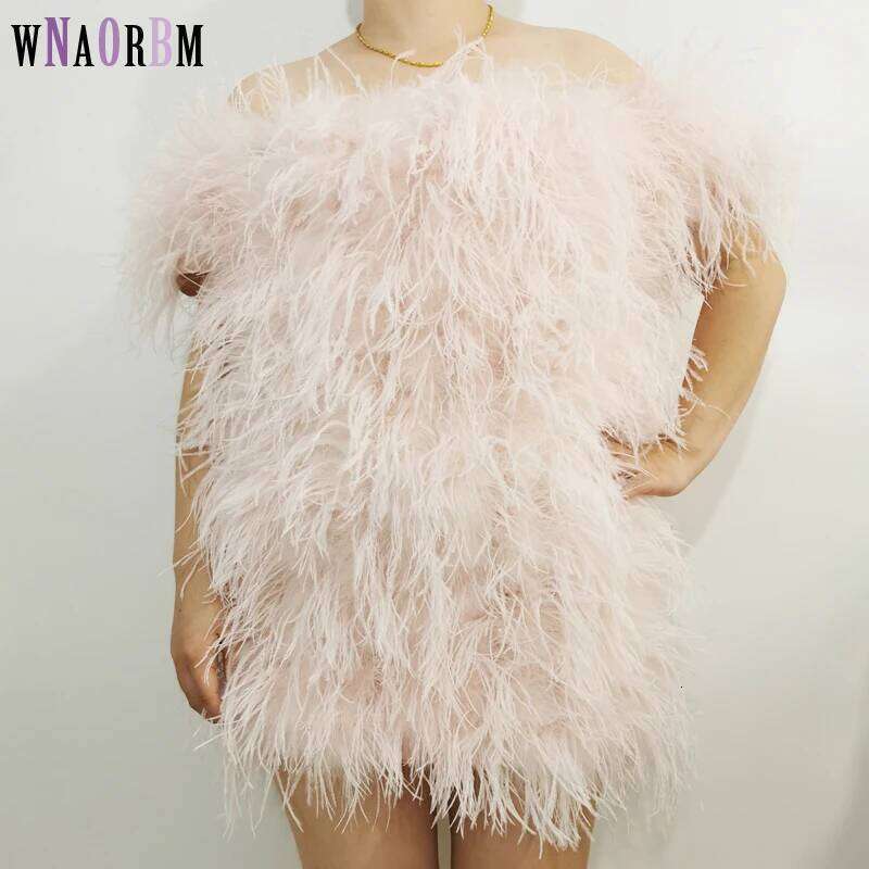 Sexy 100% Natural Hair Short Sleeves Women's Coat Low Chest Off Shoulder Dress Real Ostrich Fur Mini Skirt