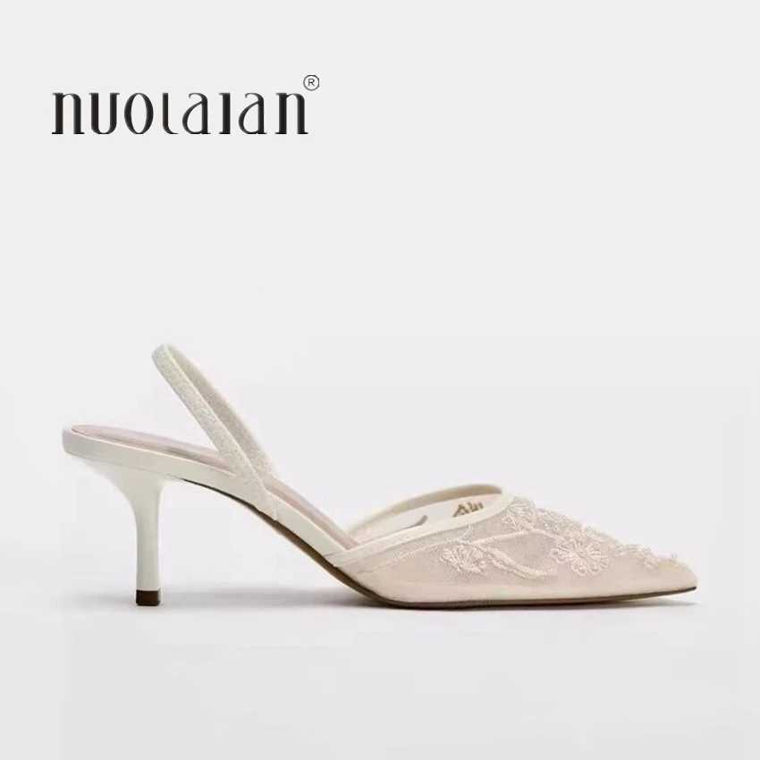 Brand Designer White Women Pumps Mesh Embroidered Flowers Back Strap Sexy Slingback High Heels Dress Wedding Shoes for Ladies XJ250610