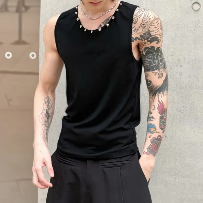 IEFB Mens T-shirts Sleeveless Summer Nail Drill Loose Round Neck Trendy Solid Color Simple Male Clothing 9W1728 250611