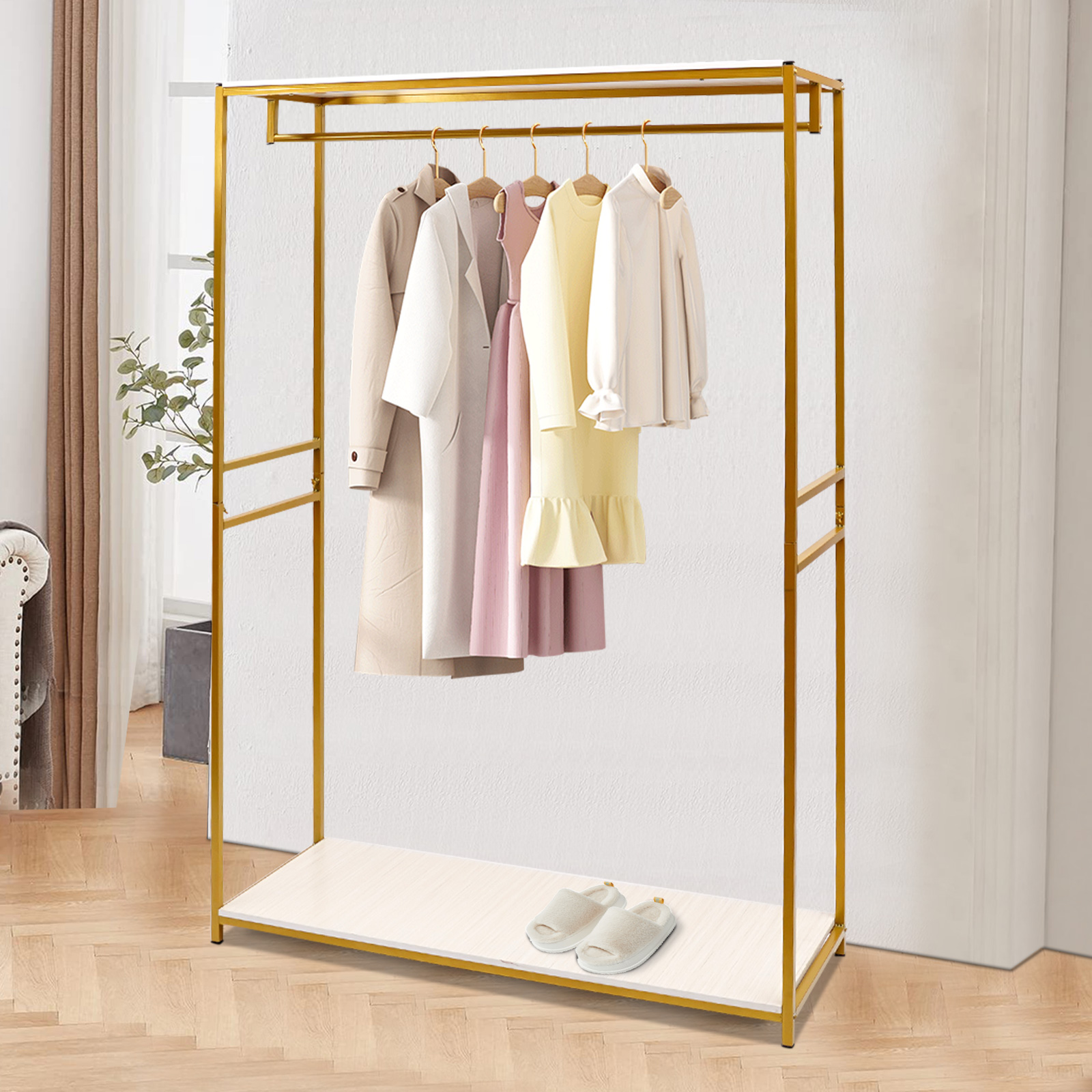 Rolling Clothing Rack, Metal Gold Clothing Rack Bridal Wedding Dress Rack Floor-standing Clothes Rack Adjustable Wire Shelf Clothes Hanger, Wardrobe S