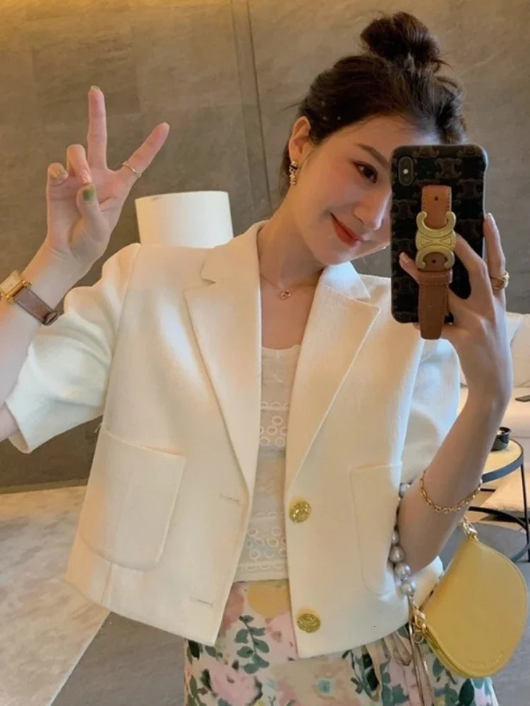 Korean Fashion Office Work Blazer for Women Elegance Casual Simple Suit Jackets Solid Color Summer Shorts Sleeve Womens Blazers 250610
