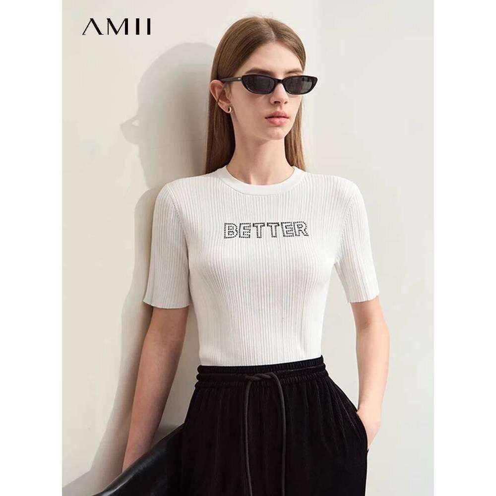 Amii Minimalism 2024 Women Knit Sweater Summer New Slim O-Neck Short Sleeve Letters Embroidery Stretch Casual Tops Lady 12442013