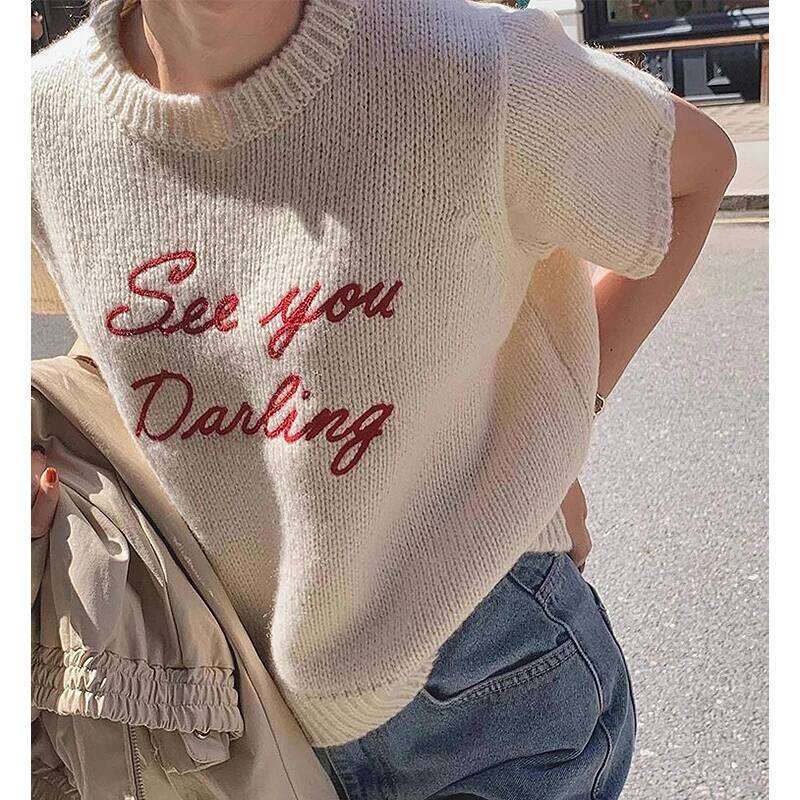 Sueter Mujer Round Neck Contrast Loose Casual Short Sleeved Letter Knitted Sweater Y2k Top Grunge Pullover Jumper