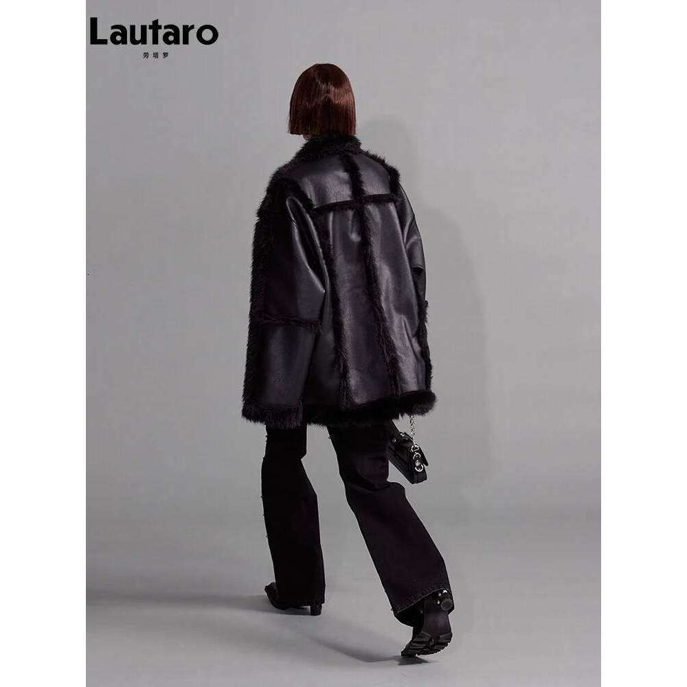 Lautaro Autumn Winter Cool Loose Black Thick Warm Soft Hairy Faux Sheepskin Coat Women Designer Clothes Fluffy Jacket