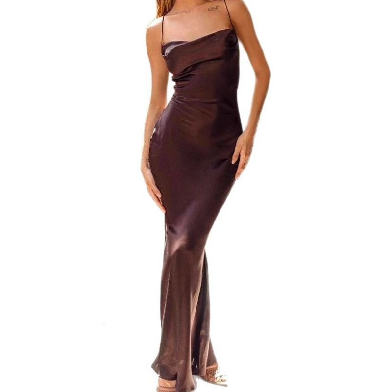 Europe and America foreign trade spring summer temperament sexy solid color stitching with slim suspenders long dress 250611