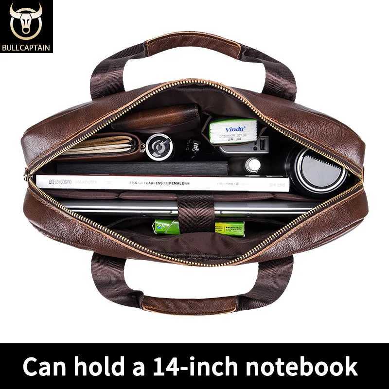 BULLCAPTAIN Briefcase Shoulder Messenger Bags Mens Genuine Leather 14-inch Laptop Bags Mens Briefcase Office Business Handbag W250610