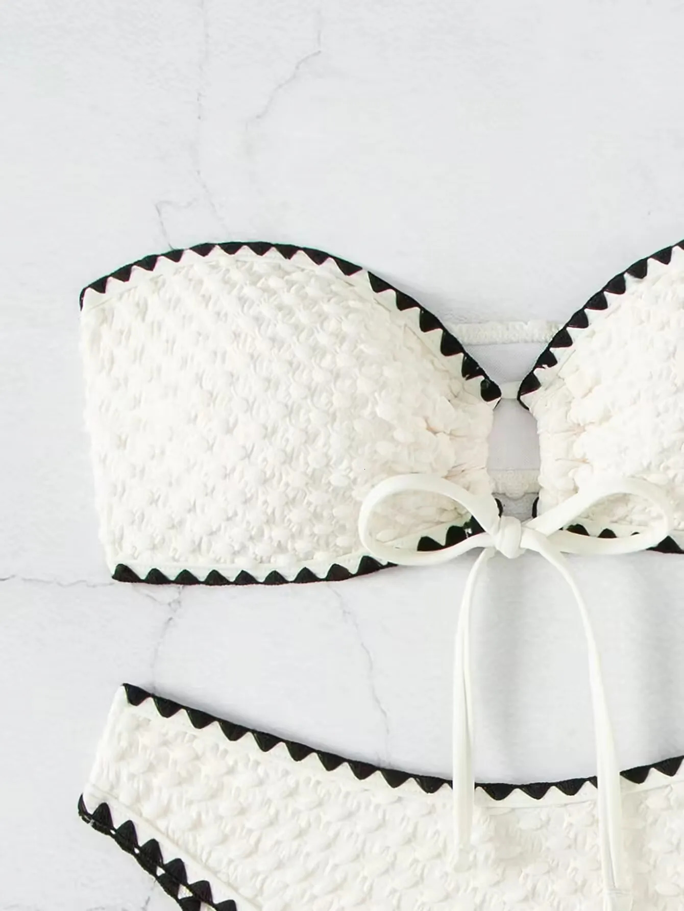 Swimwear White 2 Piece Strapless Swimsuit for Women Sexy Bandeau Backless Bikini Set Laceup Patchwork Bathing Suit 250609