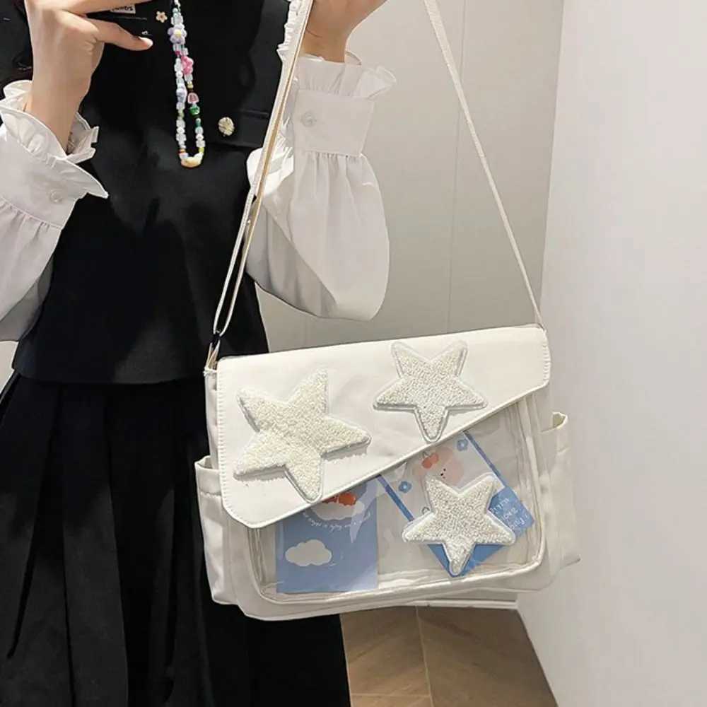 Canvas Star Crossbody Bag Large Capacity Y2k Pentagram Shoulder Bag Transparent Pockets Korean Style Nylon Student School Bag XJ250610