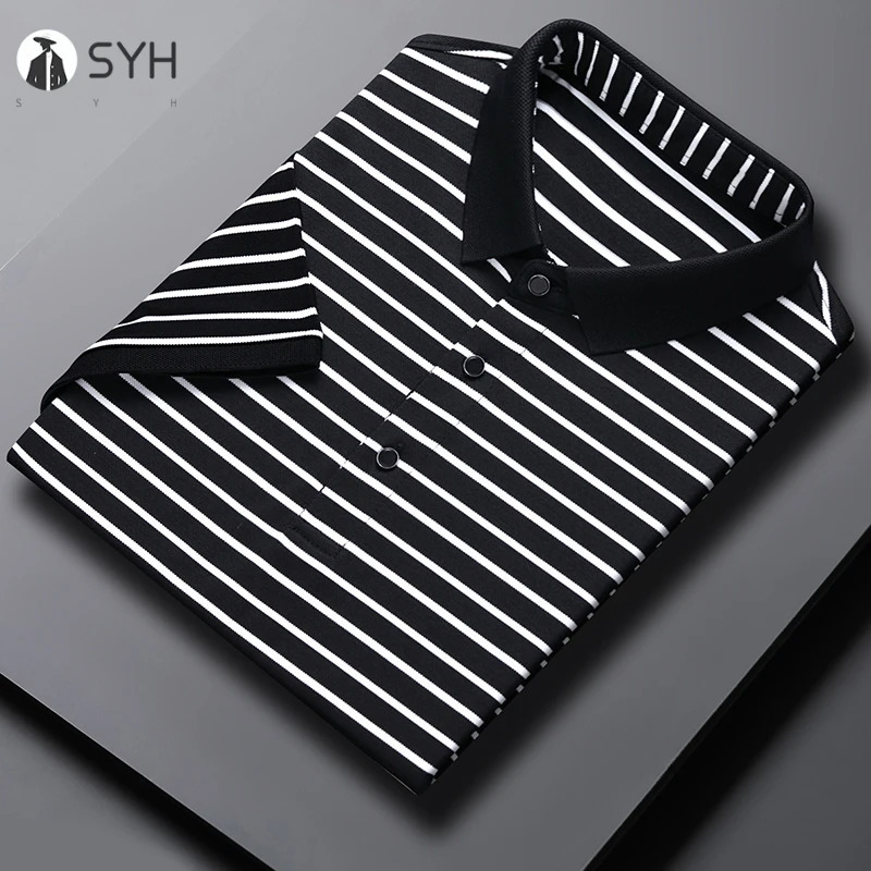 Mens Striped Cotton Business Casual Short Sleeve POLO Shirt Fashion Comfortable and Breathable Top 250610
