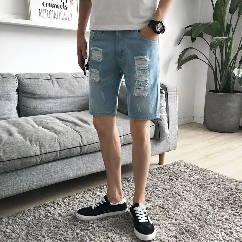 Ripped Denim Shorts Mens Five-point Summer Pants Korean Version 5-point Beggar Thin Mens Medium Pants 250611