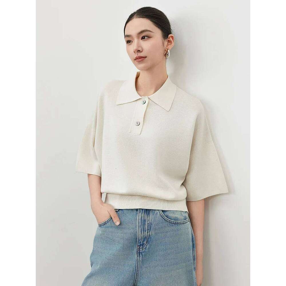 Naizaiga 58% mulberry silk 42% cotton striped POLO-collar short sleeve solid white black loose Women 2024 summer pullover JFY64