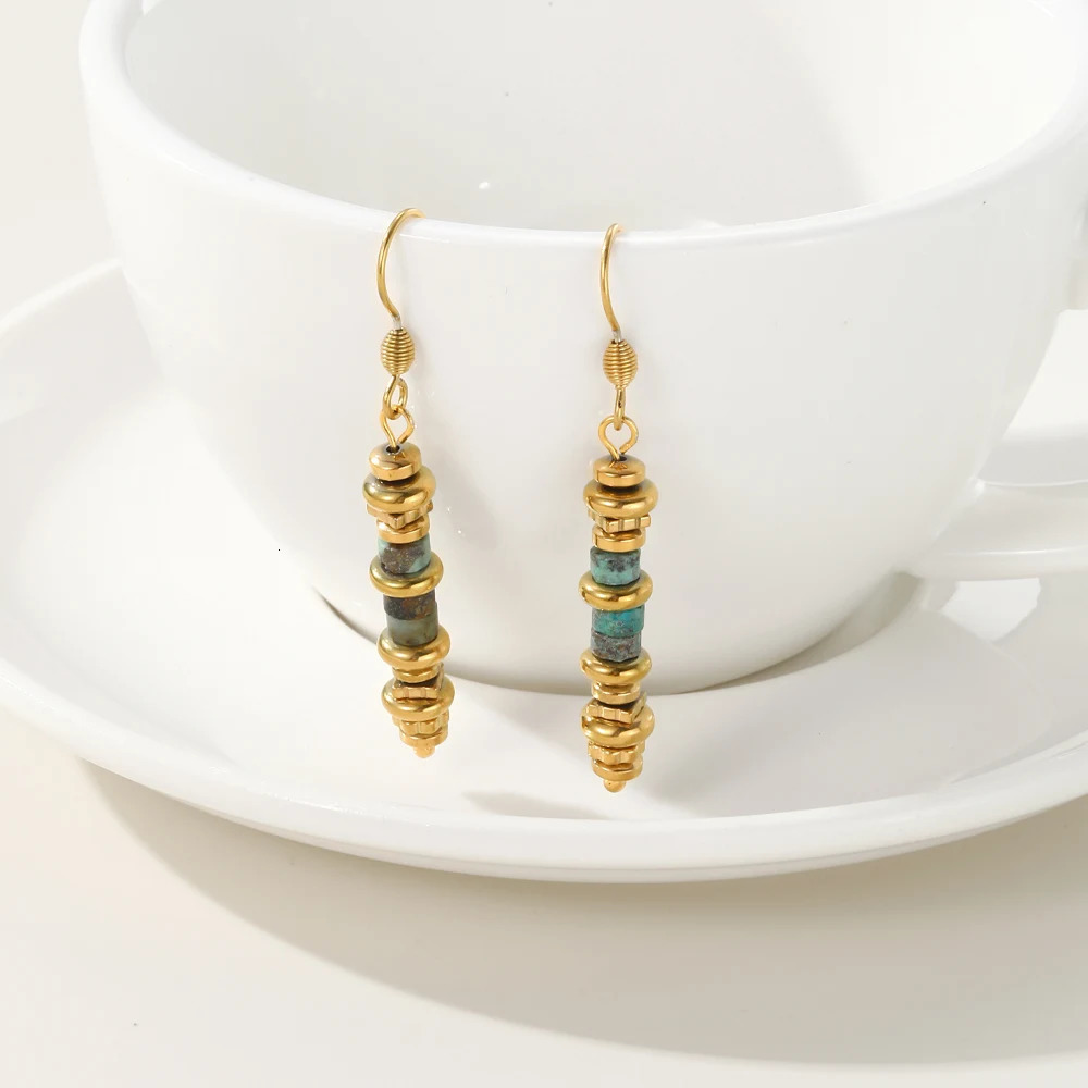 YACHAN 18K Gold Plated Stainless Steel Long Drop Earrings for Women Green Natural Stone Charms Ear hook Earring Trendy Jewelry 250610