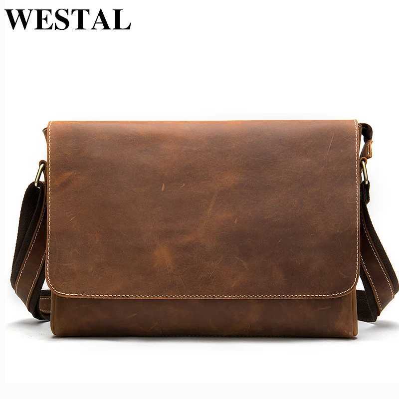 WESTAL 13inch Computer Bags Crazy Horse Leather Mens Briefcases Laptop Bag Office Bags for Men Cover Shoulder Messenger Bags W250610