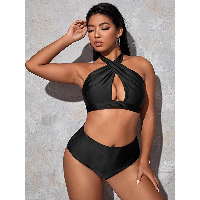 Hollow Out Solid Color Plus Size Split Swimsuit Womens High Waisted Bikini Collection Beach Style Y2k 250530