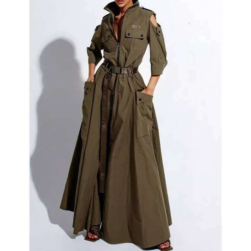 Chic Solid Maxi Shirt Casual Turndown Neck Half Sleeve Zipper Belt Pockets Long Dress Ladies Streetwear Women Clothes