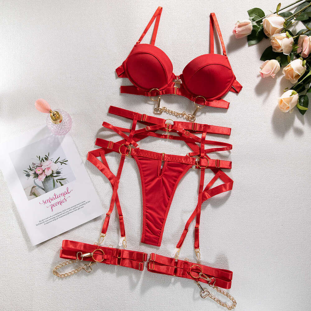Spell Lingerie Porn Suits Metal Punk Style Large Bust Minimizer Sexy Hot Girl Leg Binding Temptation Lingerie Women S Four Piece Set Sexy Lingerie