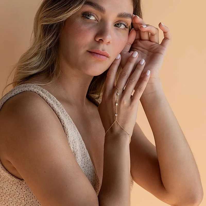 14k Gold Plated Trendy 2024 Summer Adjustable Chain Zircon Finger Ring Hand Chain Ring Bracelet Jewelry for Women Girls Dainty XJ250707