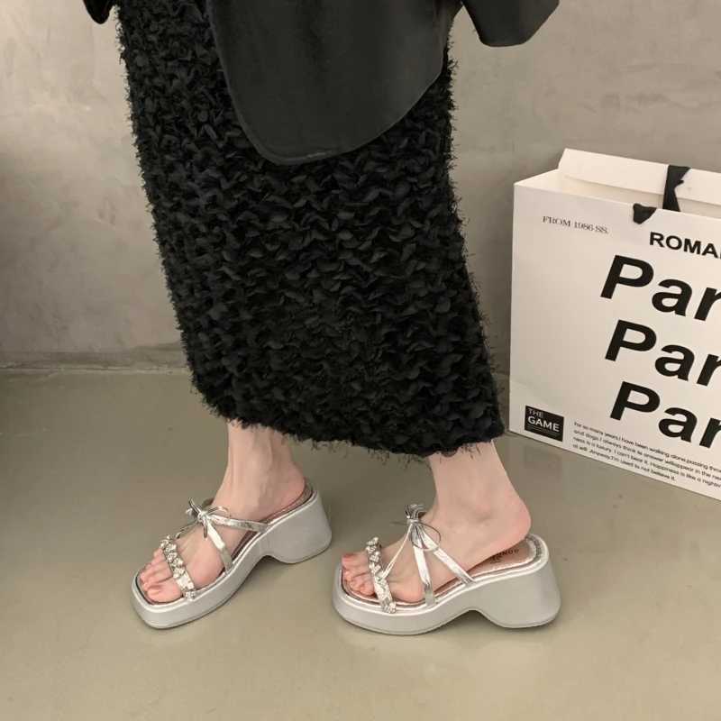 Womens Summer Fi Open-Toe Butterfly-Knot Platform Slippers Casual Thick Bottom Beach Slides for Ladies XJ250610