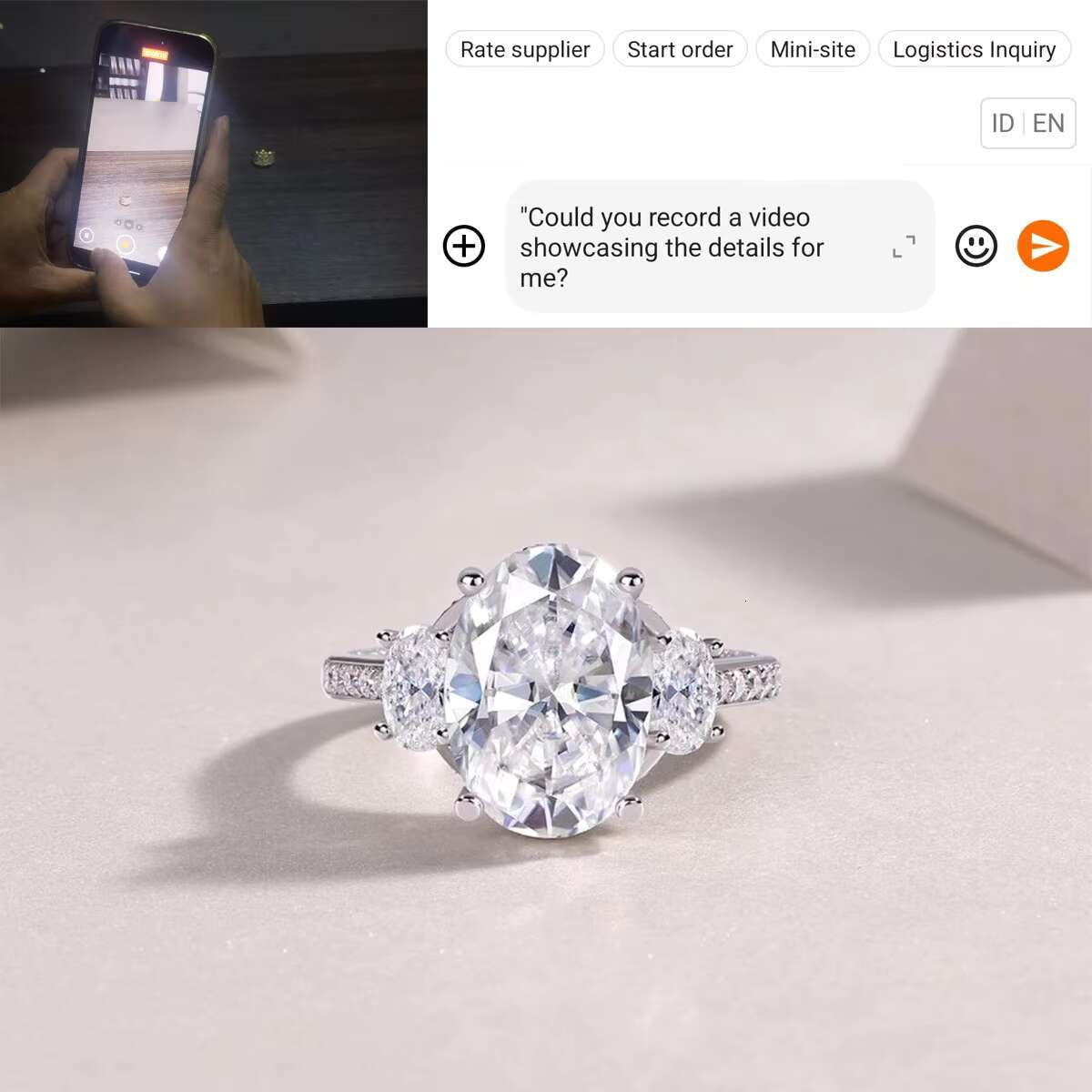 10ct Oval Moissanite Ring Three-Stone Design S925 Sterling Silver 18K White Gold Plated Hypoallergenic Jewelry for Women