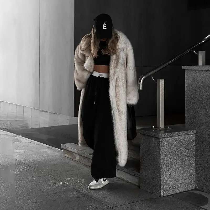 Neo Mint 2024 Winter Warm Fluffy Gradient Eco Jacket Women Long Faux Fox Fur Coat Street Furry Outerwear Overcoat