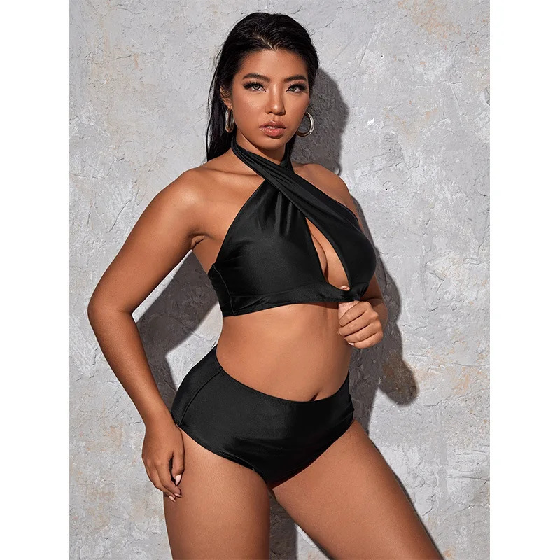 Hollow Out Solid Color Plus Size Split Swimsuit Womens High Waisted Bikini Collection Beach Style Y2k 250530