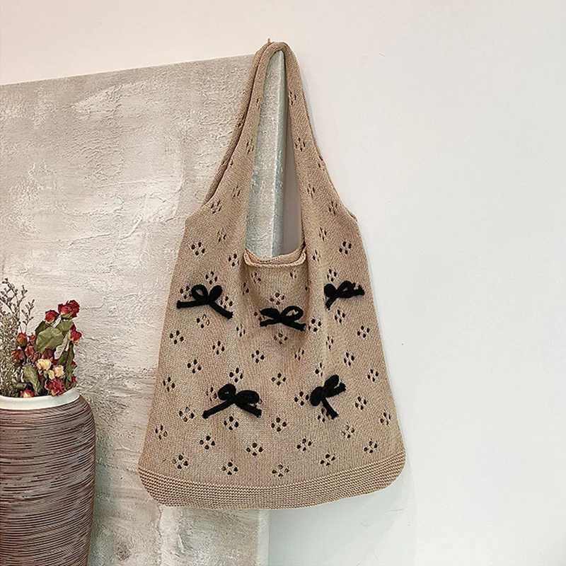 Knitted Bag Women Hollow Out Crochet Bow Design Handbag Large Capacity Handmade Tote Bag Summer Beach Woven Shoulder Bag XJ250610