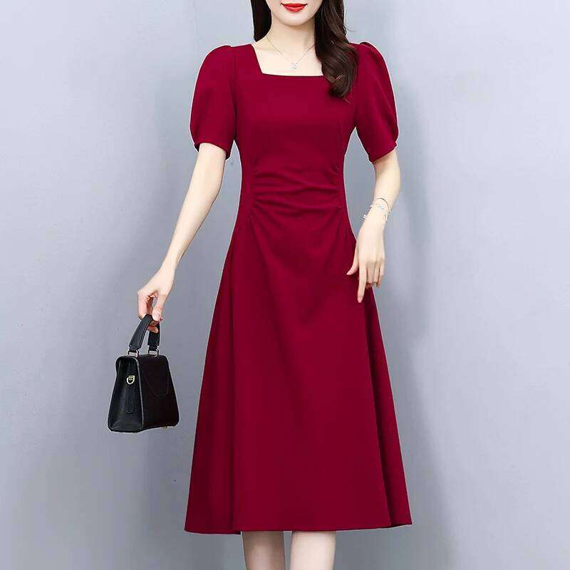 Retro Simple Summer 2025 Short Sleeve Square Collar Knee Length Fashion Solid Colar Slim Women Dress Red Black