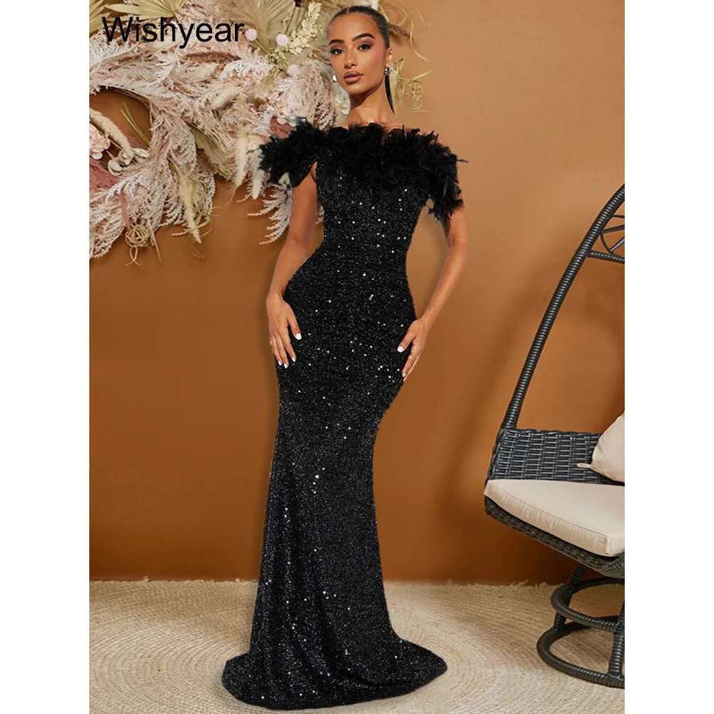 New Sequined Feather One Shoulder Sleeveless Slanted Collar Backless Purple Long Dress Women Birthday Party Event Gowns