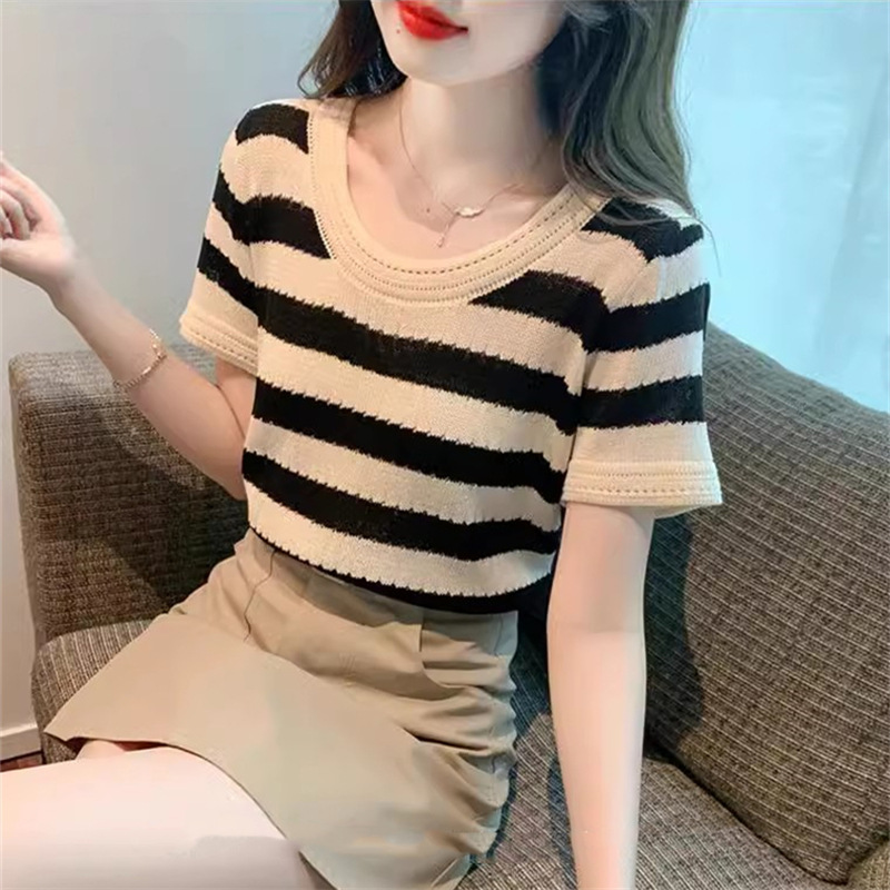 KC145 Retro striped shoulder t-shirt women's short-sleeved design niche hollow ice silk knit sweater top clothes