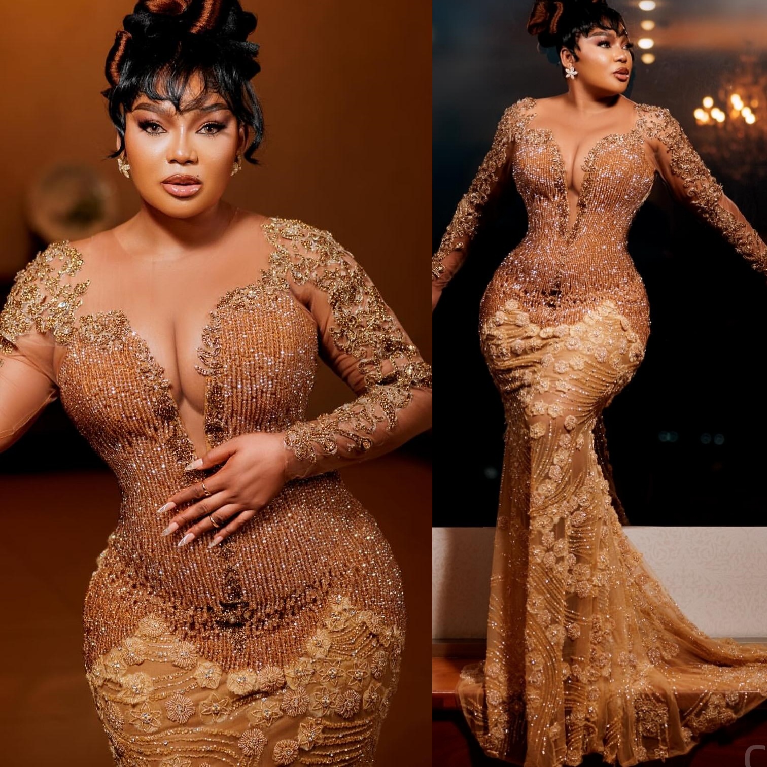 Brown Mermaid Prom Dresses 2025 Illusion Beaded Lace Luxurious Evening Formal Party Second Birthday Engagement Gowns Plus Size Dress For Special Occas